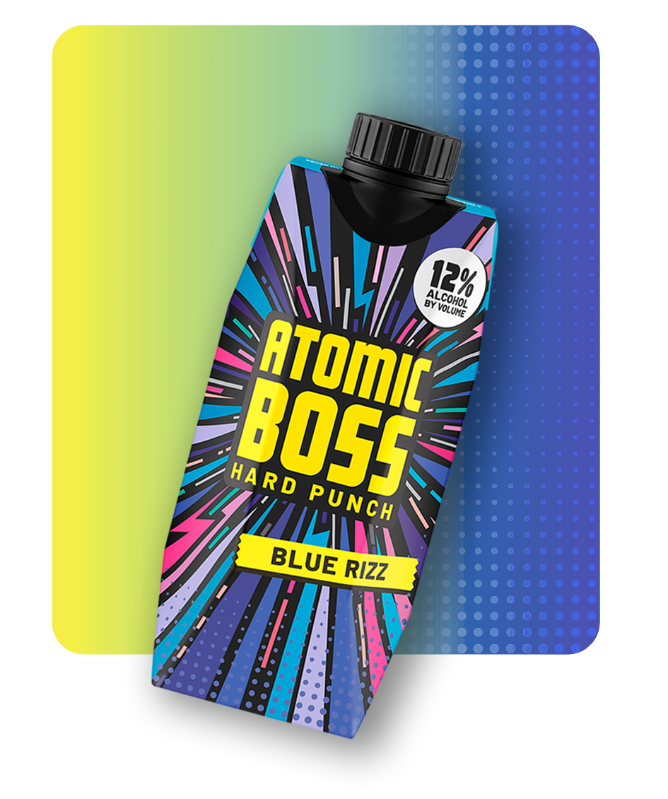 Atomic Boss - Tilted image of product carton: Blue Rizz, on bright yellow and blue background