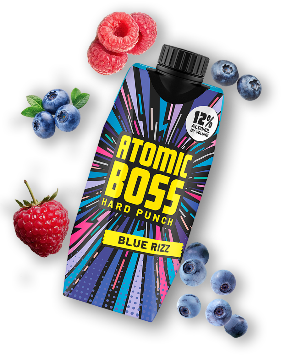 Atomic Boss Blue Rizz - Product carton with exploded fruit imagery