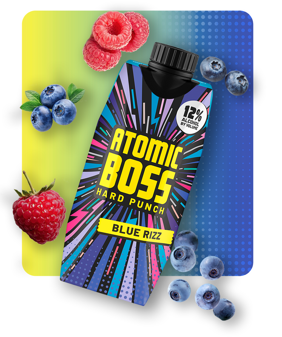 Atomic Boss - Tilted image of product carton: Blue Rizz, on bright yellow and blue background, with exploded fruit imagery