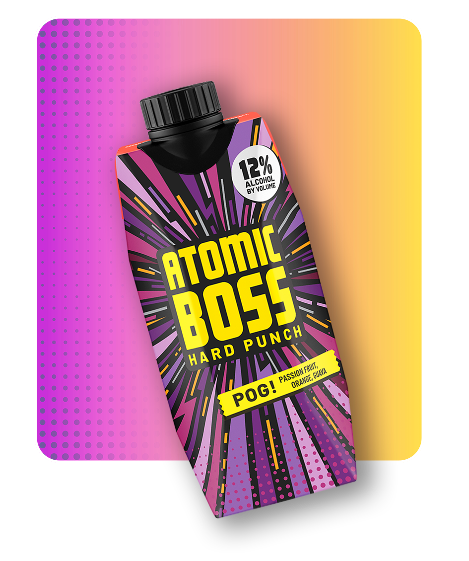 Atomic Boss - Tilted image of product carton: POG! Passion fruit, orange, guava on bright pink and orange background