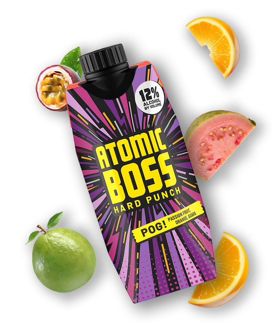 Atomic Boss POG! Passion fruit, orange, guava - product carton with exploded fruit imagery