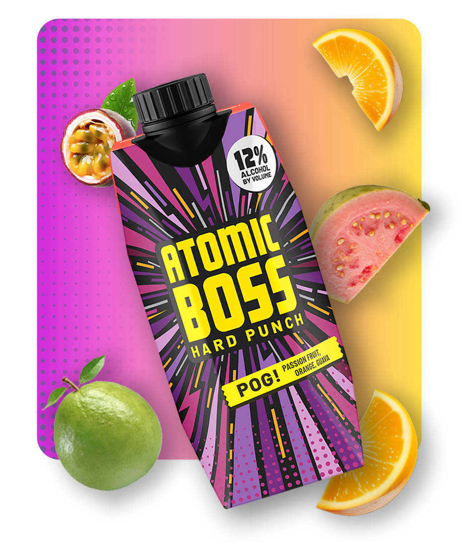 Atomic Boss - Tilted image of product carton: POG! Passion fruit, orange, guava on bright pink and orange background with exploded fruit imagery