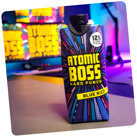 Tilted image of Atomic Boss Blue Rizz in brightly colored studio background